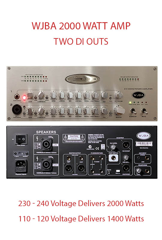 WJBA 2000 Watt Bass Guitar Amplifier with built in Twin Channel Bass Pre-Amp, featuring the option of phantom power on the second channel. Twin DI outs.