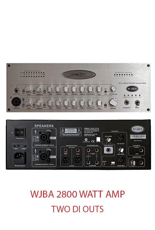 WJBA 2800 Watt (2x1400W) Twin DI Bass Guitar Amplifier with built in Twin Channel Bass Pre-Amp, featuring the option of phantom power on the second channel.