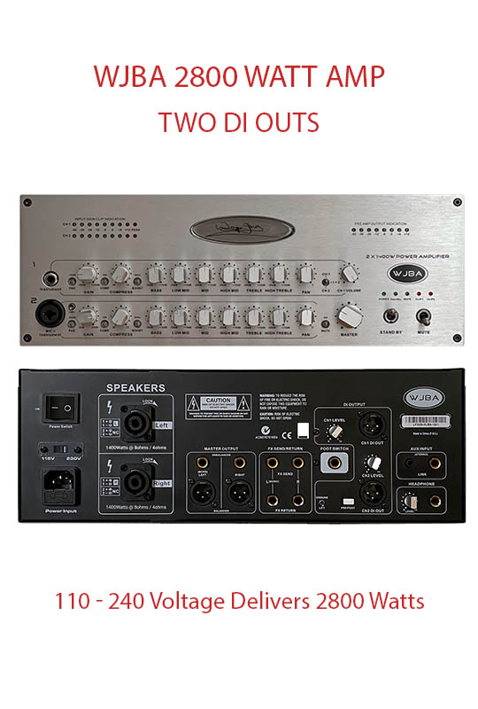 WJBA 2800 Watt (2x1400W) Twin DI Bass Guitar Amplifier with built in Twin Channel Bass Pre-Amp, featuring the option of phantom power on the second channel.