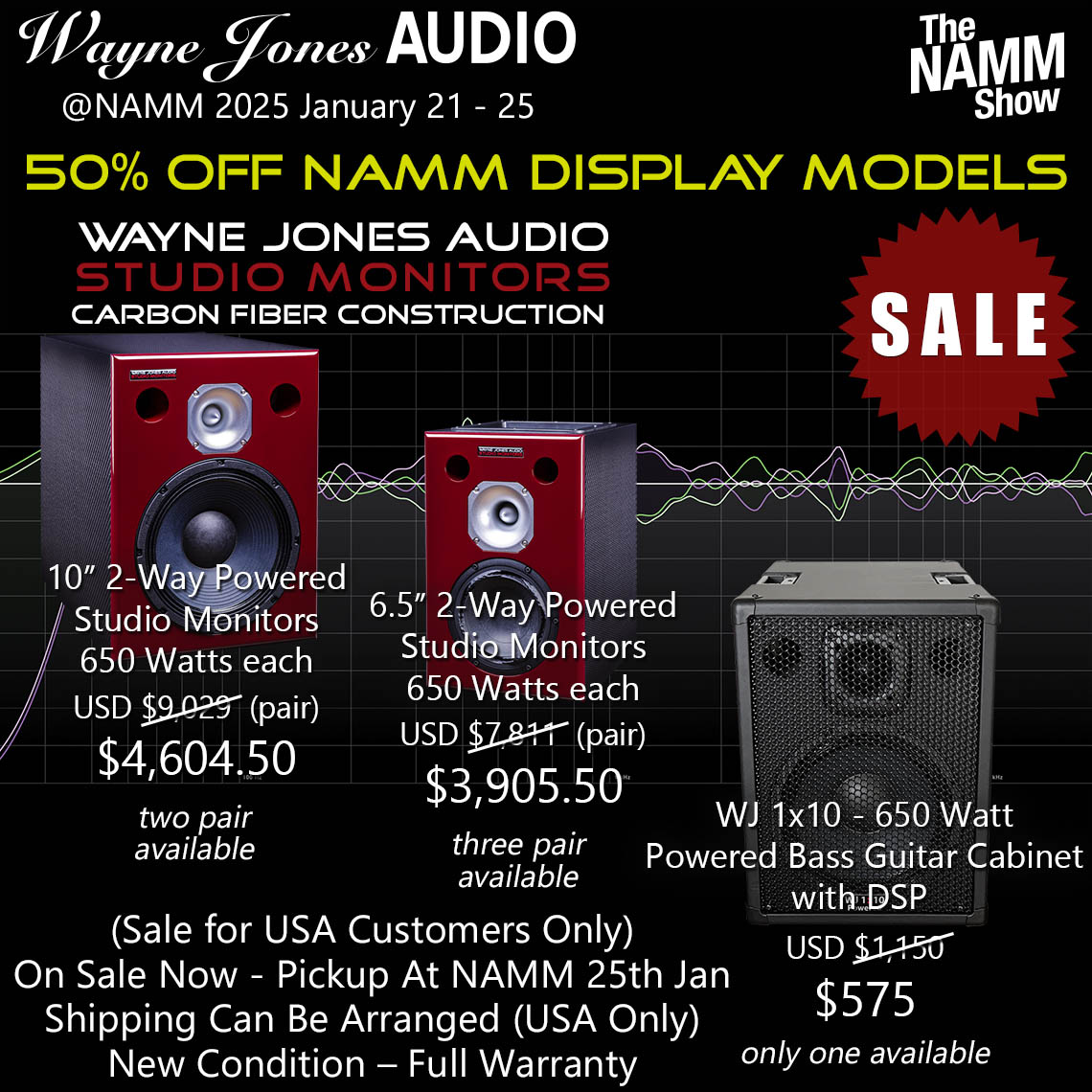 50% Off NAMM 2025 Display Models. Wayne Jones Audio Studio Monitors. WJ 1x10 Powered Bass Guitar Cabinet with DSP