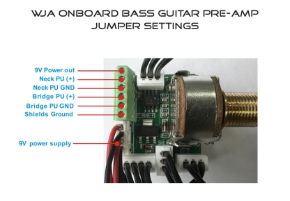 Wayne Jones Audio 3-band onboard bass guitar pre-amp. Jumper settings.