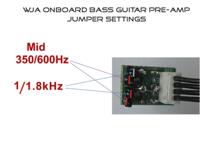 Wayne Jones Audio 3-band onboard bass guitar pre-amp. Mid jumper settings.