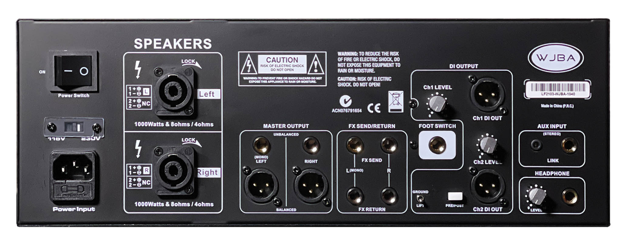 WJBA 2000 Watt Bass Guitar Amplifier with built in Twin Channel Bass Pre-Amp, featuring the option of phantom power on the second channel. Twin DI outs.